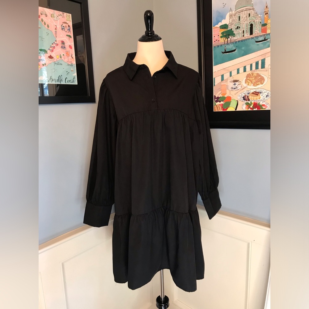 BNWT Black Oversized Long Sleeve Tiered Shirt Dress Sz 5XL